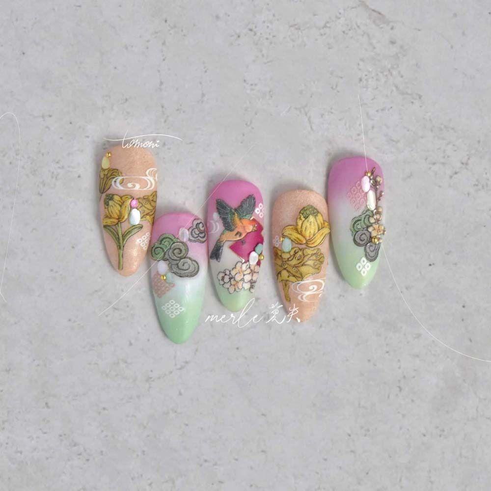 Mxbeauty Bunga Stiker Kuku Fashion Burung Teratai Lukisan Dekorasi Kuku