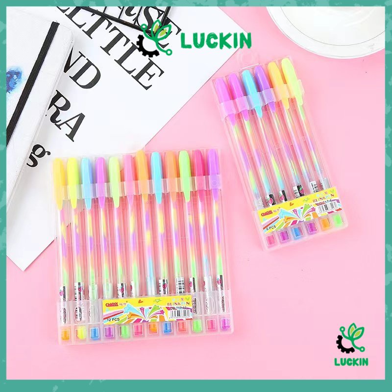 

Luckin Pen Gliter Warna Rainbow 1set 12pcs/bolpen jel pelangi/drawing pen warna/Blink pen