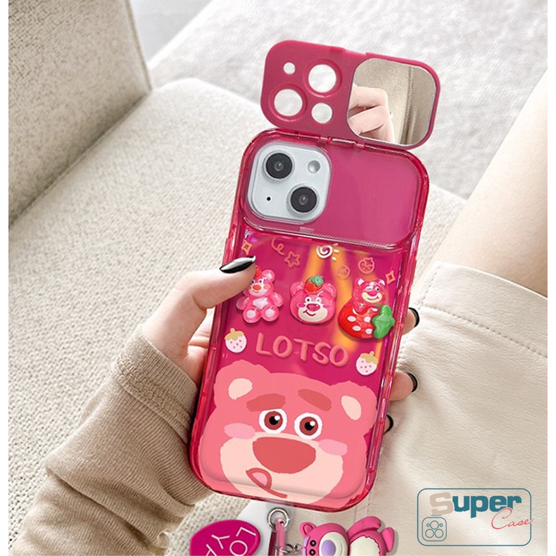 Casing Case Kartun Kompatibel Untuk iPhone 7Plus XR 11 Pro Max7 8 14 Plus 14 12 13 Pro MAX X XS MAX SE 3D Flip Make Up Cermin Beruang Strawberry Lucu Manyo Mainan Shockproof Soft Cover