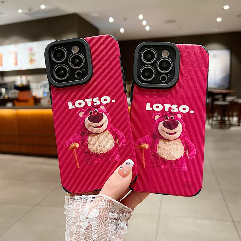 【Lamb Skin】So Cute Strawberry Bear LOTOSO Leather Soft Case for IPhone 7 Plus 8 Plus X XS XR XS Max 11 13 12 14 PRO Max 14 Plus for Girl Women's Gift casing hp Missconnie