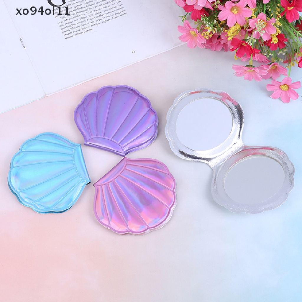 Xo Sea Shell Bentuk Compact Cermin Kosmetik PU Leather Kaca Pembesar Makeup Dua Sisi OL