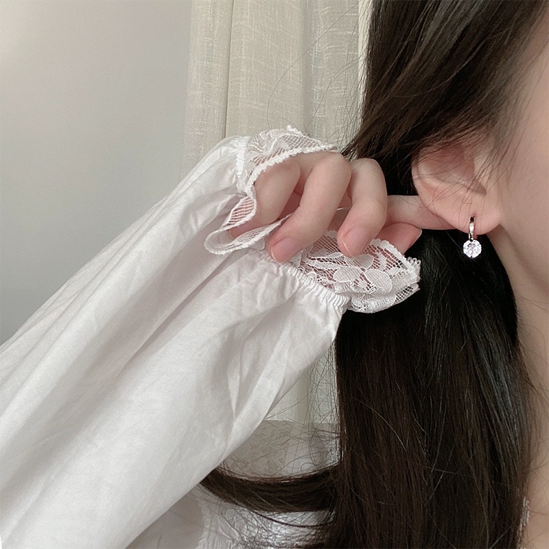 Papaozhu Bergaya S925 Perak Kubus Kecil Hoop Anting-Anting Untuk Wanita Perempuan Chic Bersinar Zirkon Bintang Busur Menjuntai Anting-Anting Temperamen Telinga Perhiasan Pakaian Sehari-Hari