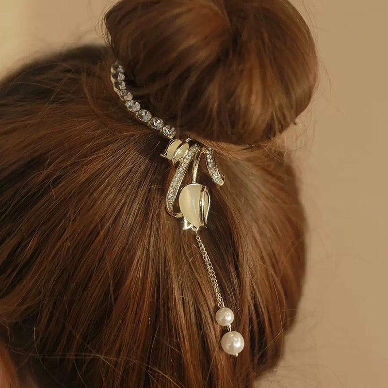 Elegan Bunga Tulip Rumbai Alloy Hair Clip Ponytail Gesper Jepit Rambut Aksesoris Rambut Wanita