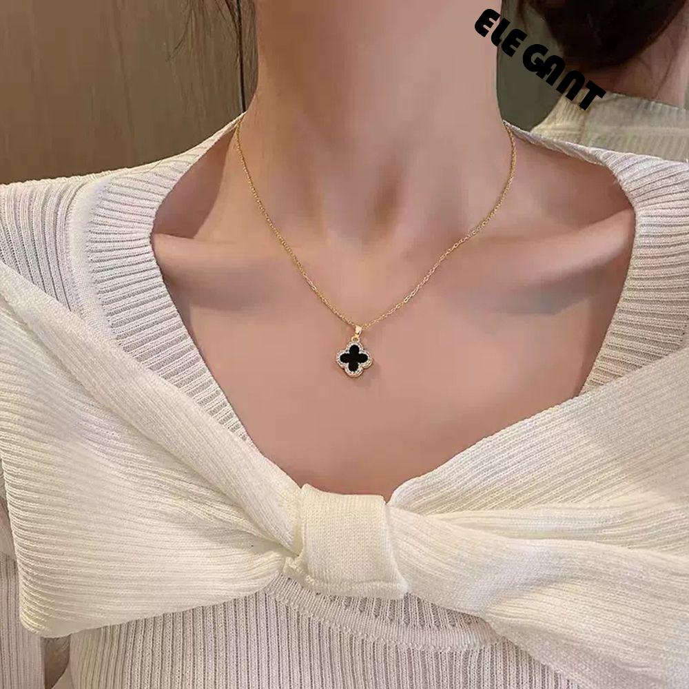 [Elegan] Clover Kalung Trendi Temperamen Indah Shell Keren Berlian Kalung Dua Sisi Wanita Kalung