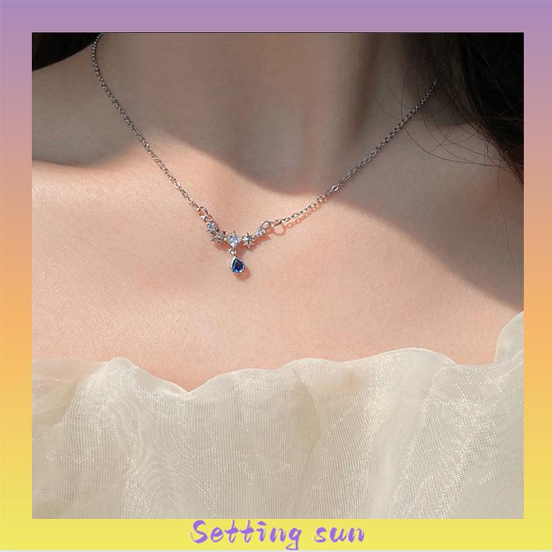 Kalung Tetesan Air Zirkon Biru Wanita Cahaya Mewah Manis Sejuk Temperamen TN