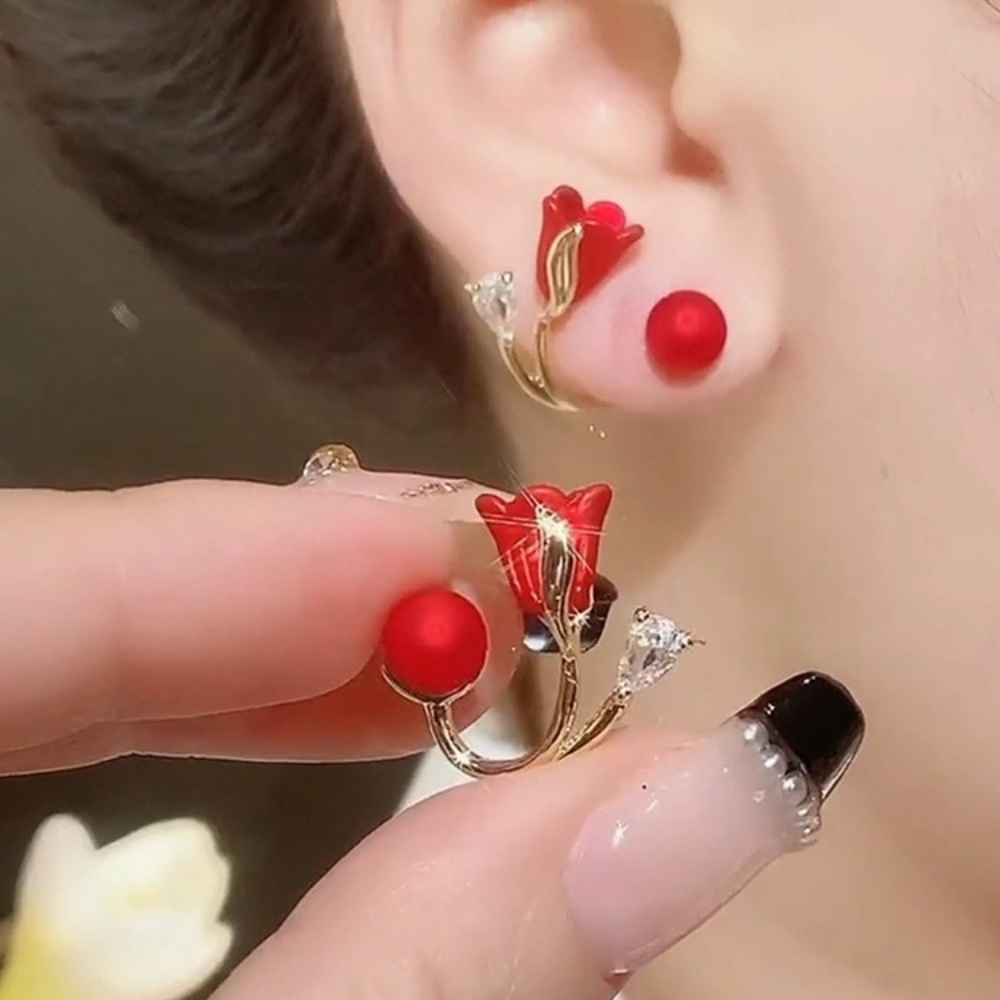 Deartiara Sepasang Anting Mutiara Imitasi Bunga Tulip Retro Merah Dengan Anting High-end Dan Bergaya