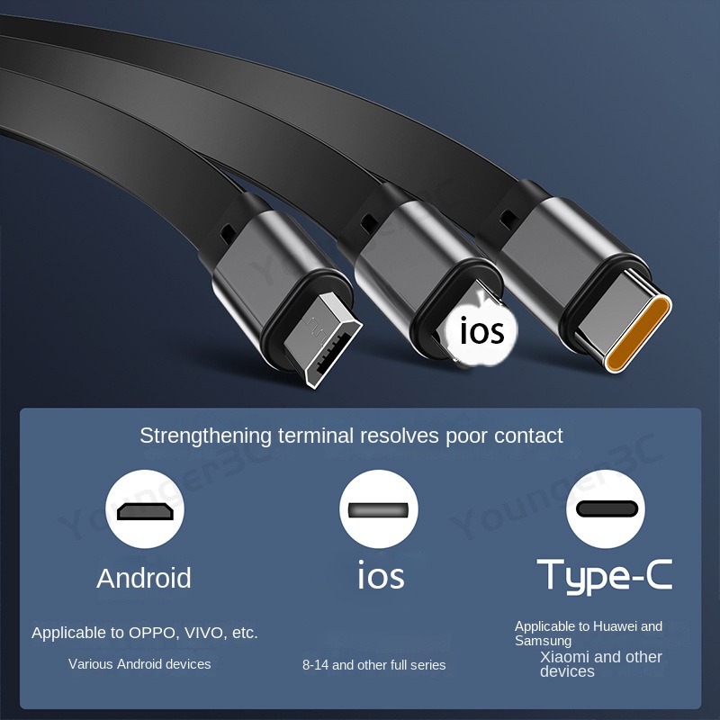 Kabel data Teleskopik 100W 3in1 6A Mesin Kabel Pengisian Super Cepat Kabel USB Pengisian Angin Untuk ios Tipe C Micro