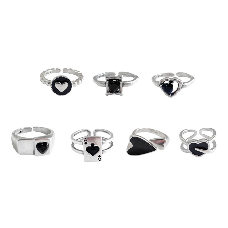 Korea Y2k Perak Adjustable Geometris Cincin Set Fashion Hitam Kupu-Kupu Poker Jantung Jari Cincin Perhiasan Aksesoris