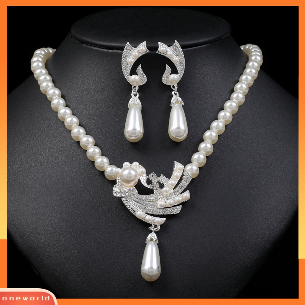 [ONE] 1set Wanita Anting High Gloss Electroplating Shiny Extension Rantai Eye-catching Dekorasi Cantik Berlian Imitasi Mutiara Imitasi Kalung Perhiasan Aksesori