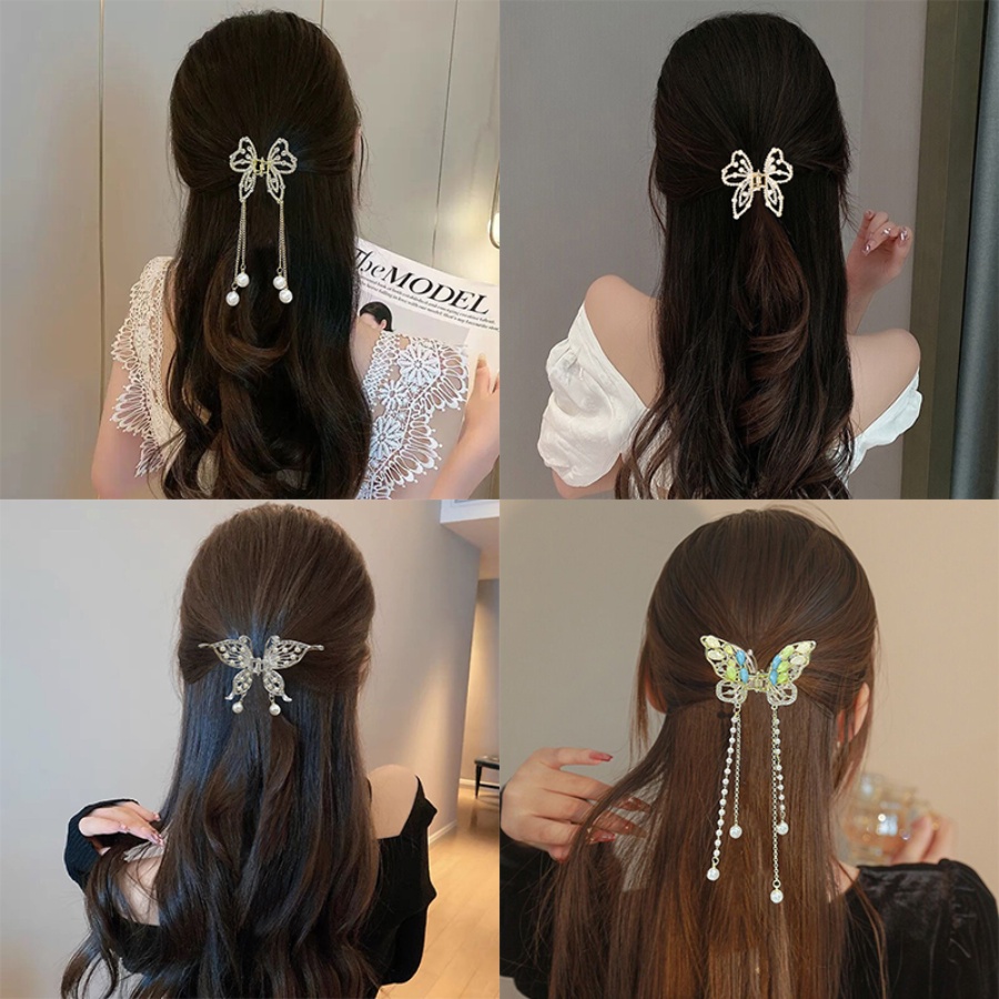 Korea Alloy Kupu-Kupu Mutiara Berlian Imitasi Rambut Klip Kristal Rumbai Manik-Manik Jepit Rambut Hair Claw Woman Aksesoris Rambut