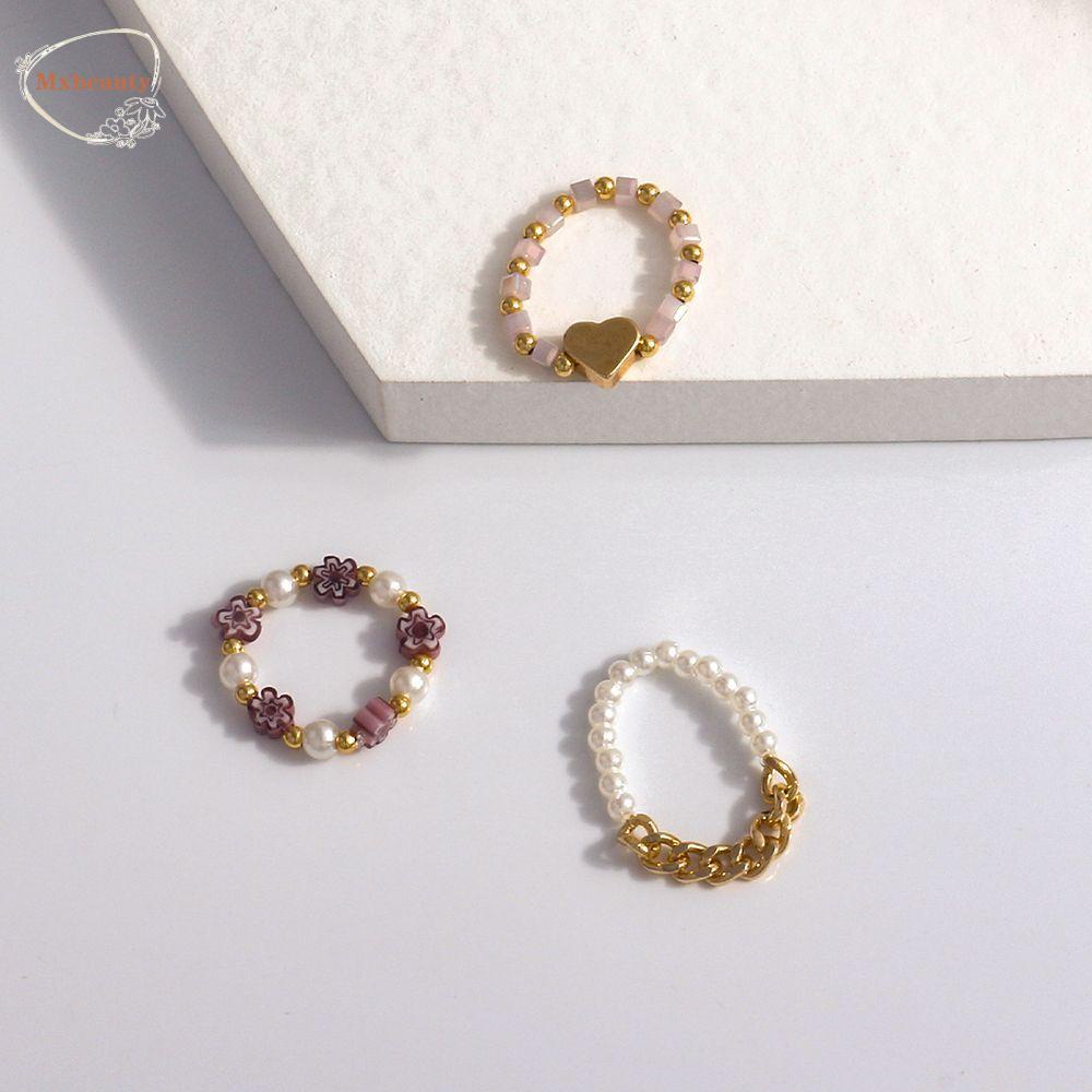 Mxbeauty Manik-Manik Cincin Lucu Korea Mutiara Bunga Cinta Hati Bohemia Wanita Ring