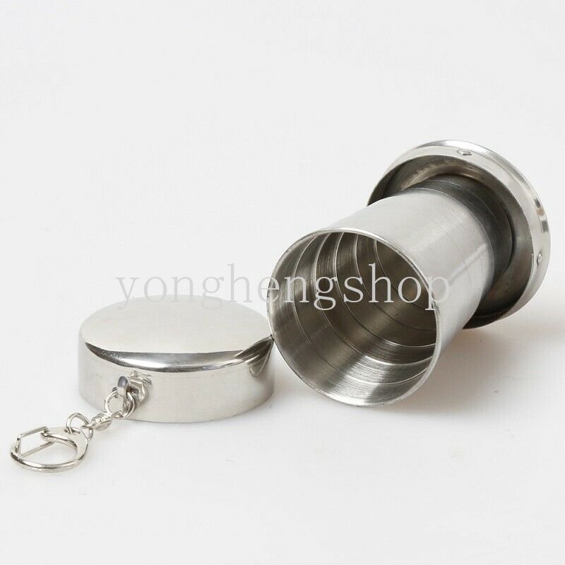 75ml Stainless Steel Cangkir Lipat Perjalanan Luar Ruangan Camping Portable Collapsible Water Cups with Keychain Lid Hiking Olahraga Mug Cangkir Teh