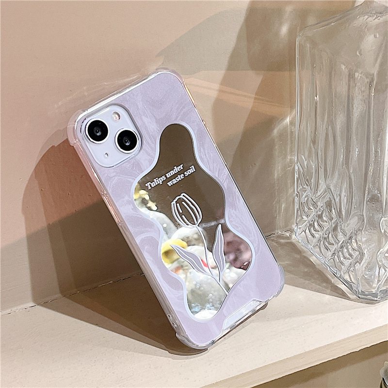 【Shock Proof Mirror】Silicone Soft Case Iphone 6S 7 8 Plus X XR XS Max IPhone 11 12 13 14 Pro Max 14 Plus 7+ 8+ 12 13 mini Purple Tulip Flower