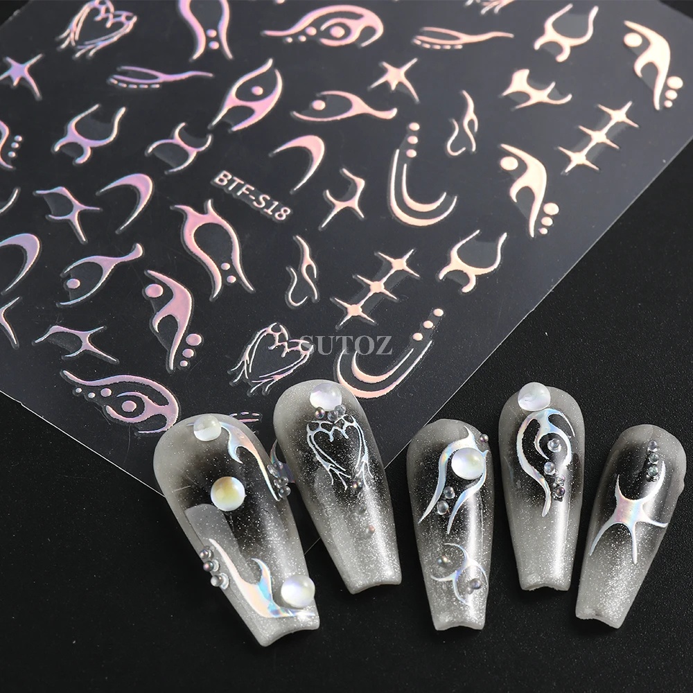 [Harga Grosir] [Unggulan] 1pc 3D Self-Adhesive Silver Lines Nail Decals Laser Geometri Api Stiker Kuku Gothic Manicure Decor DIY Nail Art Alat Kuku Untuk Wanita