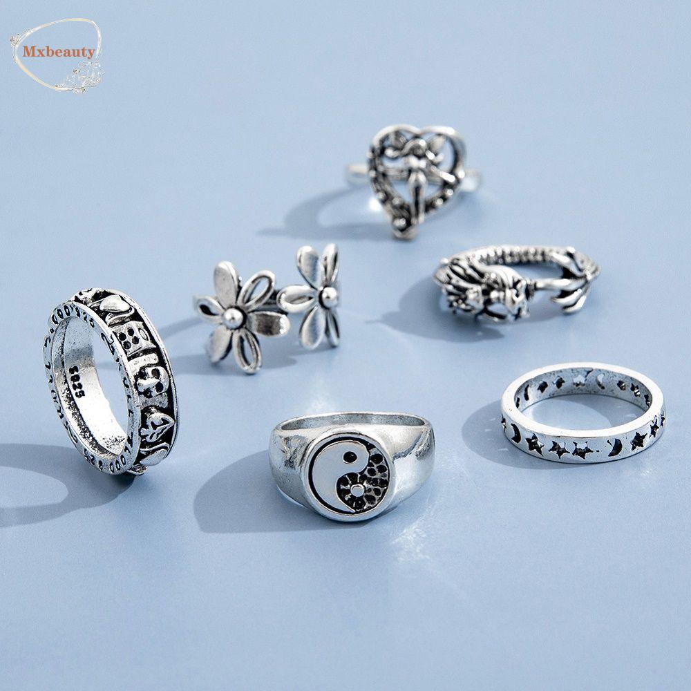 Mxbeauty Cincin Pembukaan Wanita Elegan Vintage Hati Kupu-Kupu Bintang Untuk Pria Knuckles Rings Set