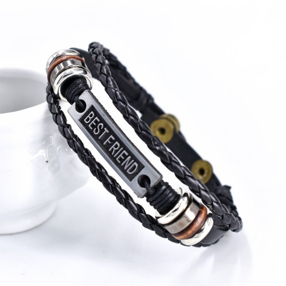 [XC Gelang] Fashionable Pria Empat Tombol Gelang Kulit Hip-hop Punk Gothic Retro Multi-layer Kulit Anyaman Gelang Perhiasan Aksesoris