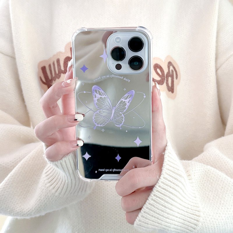 【Anti Fall Mirror】Pretty Silver Makeup Silicone Soft Case Iphone 6S 7 8 Plus X XR XS Max IPhone 11 12 13 14 Pro Max 14 Plus 7+ 8+ 12 13 mini for Women Girl Ins Purple butterfly