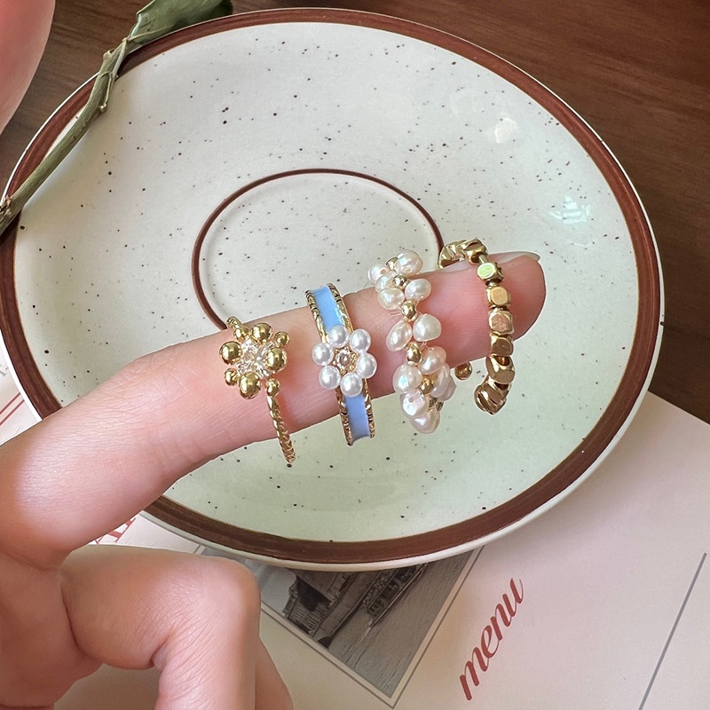 Cincin Geometris Bunga Bahan Alloy Mutiara Fashion Untuk Wanita