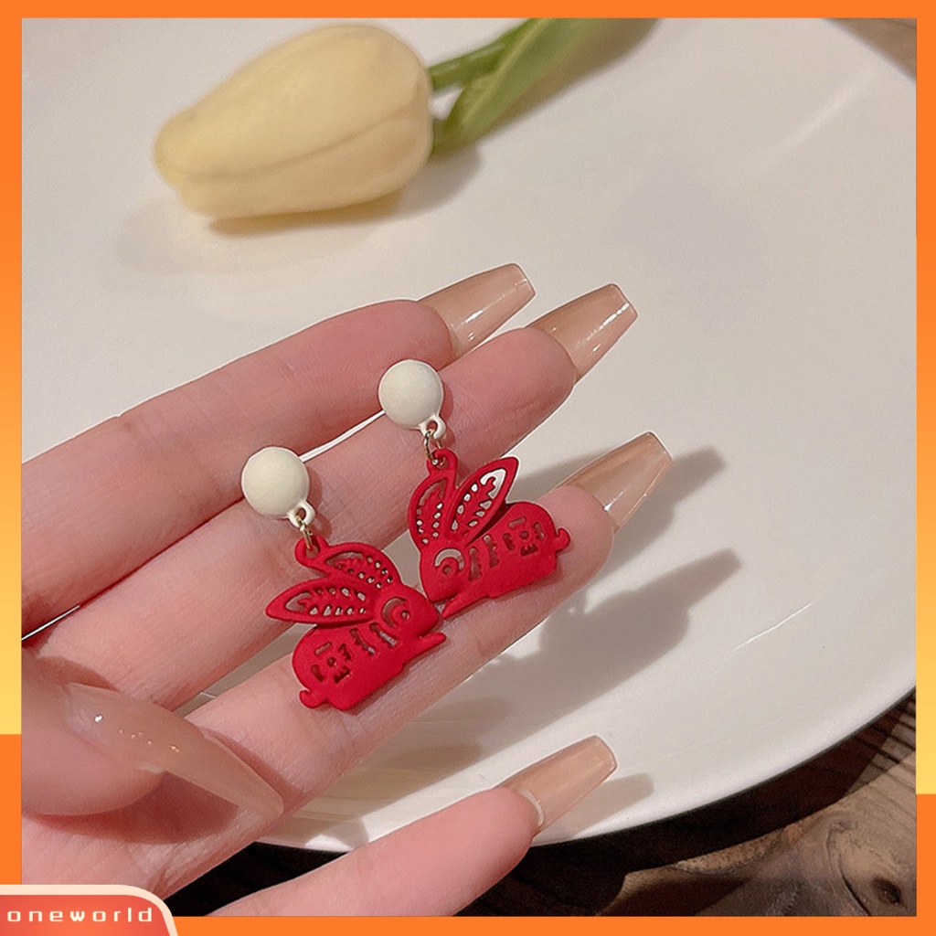 [EONE] 1pasang Anting Menjuntai Kelinci Dekorasi Karakter Cina Romantis Menguntungkan Mutiara Imitasi Hiasan Telinga Vintage Cina Merah Cutting Paper Rabbit Earrings Aksesoris Pakaian