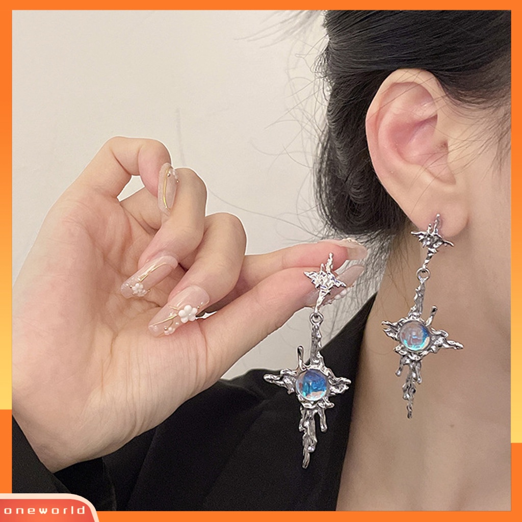 [EONE] 1pasang Drop Earrings Tidak Teratur Cair Logam Panjang Rumbai Hip Hop Kilau Terang Hias Hadiah Wanita Cross Faux Moonstone Pendant Stud Earrings Perhiasan Aksesori Fashion