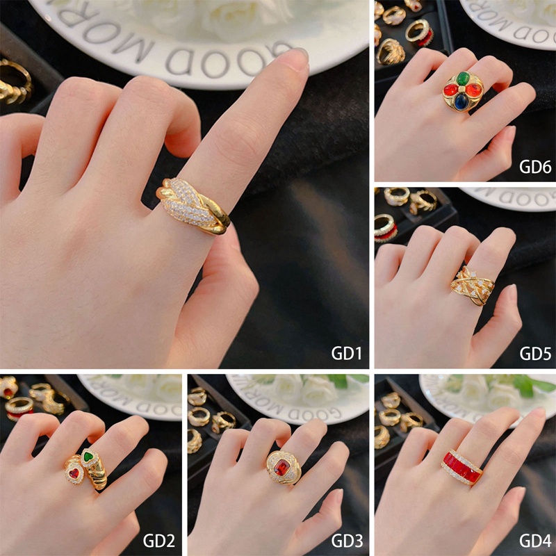 Perhiasan Desain Vintage Medieval Cincin Berwarna Mengkilap Gaya Perancis Retro Cincin Cocktail Perjamuan Lapis Emas Untuk Wanita
