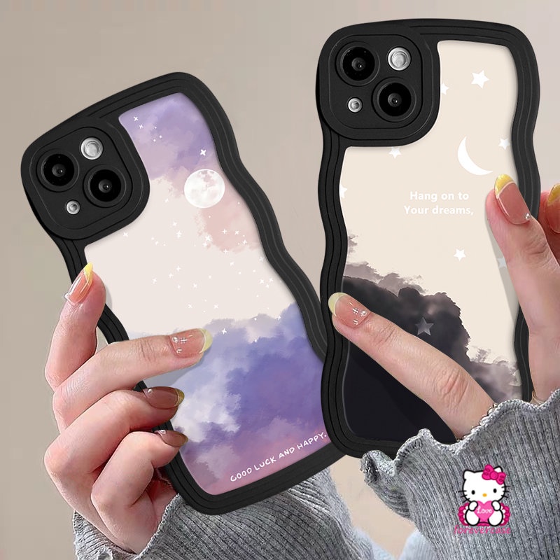 IPHONE Casing Ponsel Lembut Tpu Bergelombang Tepi Belakang Kompatibel Untuk Iphone7 8 6s 6 14 Plus Max13 11 14 12 Pro 7Plus XR X XS Max SE 2020 Fantasi Langit Berbintang Bulan Pasangan Cover