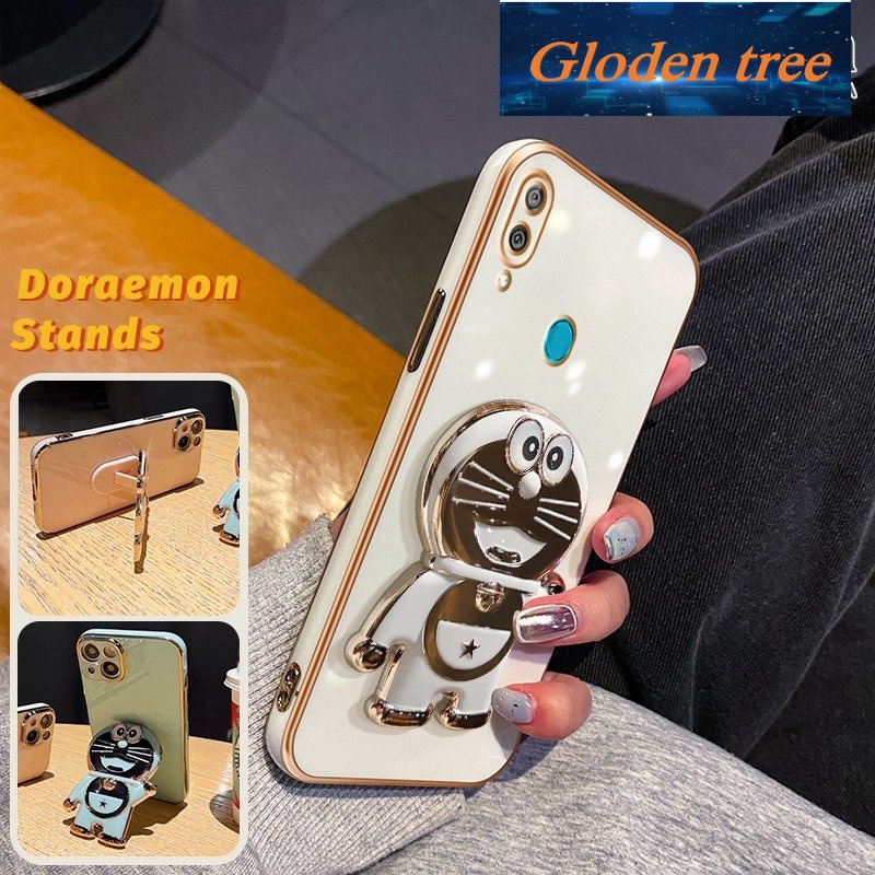 Casing Pohon Gloden Untuk Huawei Y7 2019 Y7 Prime 2019 Case Fashion Kartun Doraemon Lipat Stand Phone Case Electroplating Shockproof Phone Holder Case