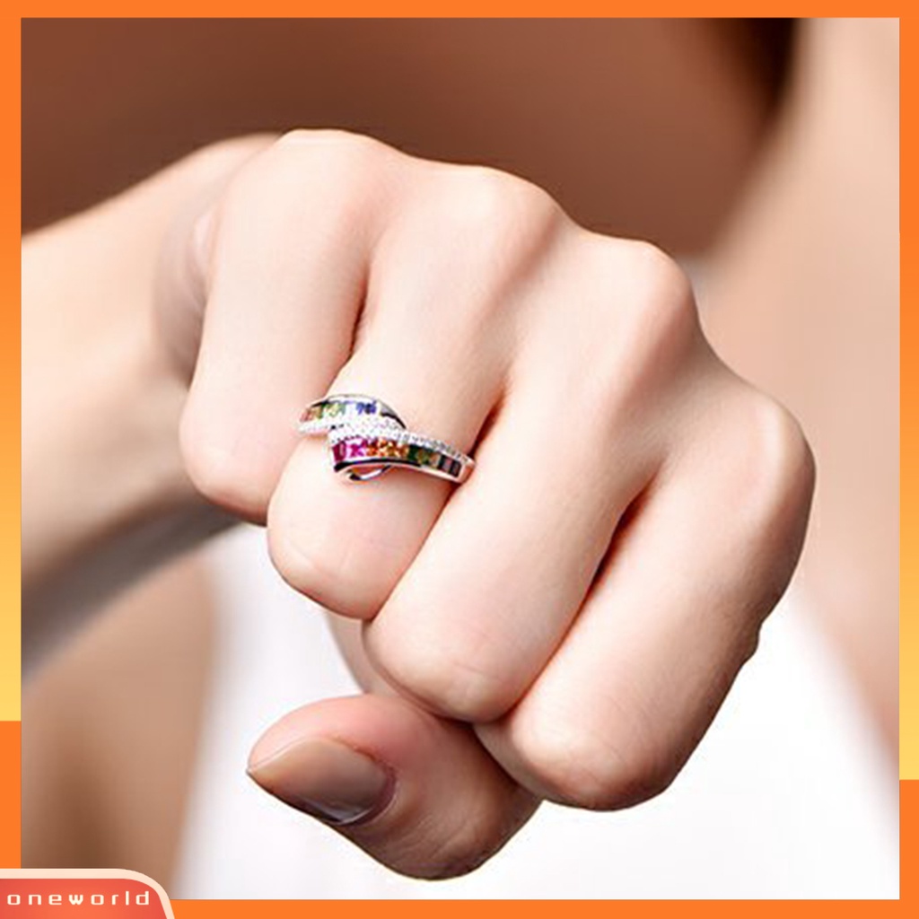 [EONE] Wanita Cincin Berlian Imitasi Mengkilap Hias Berkilau Geometris Electroplating Dekorasi Hadiah Rainbow Berwarna Faux Gemstone Party Ring Jewelry Untuk Pacaran