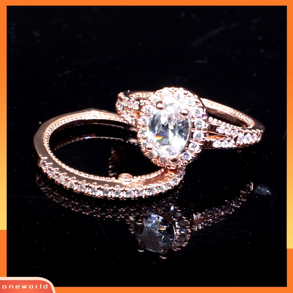 [EONE] 2 Pcs/Set Fashion Cincin Geometris Berlian Imitasi Bertatahkan Elektroplating Hypoallergenic Bersinar Dekorasi Perhiasan Aksesori Lady Bridal Pernikahan Cincin Pernikahan Aksesori