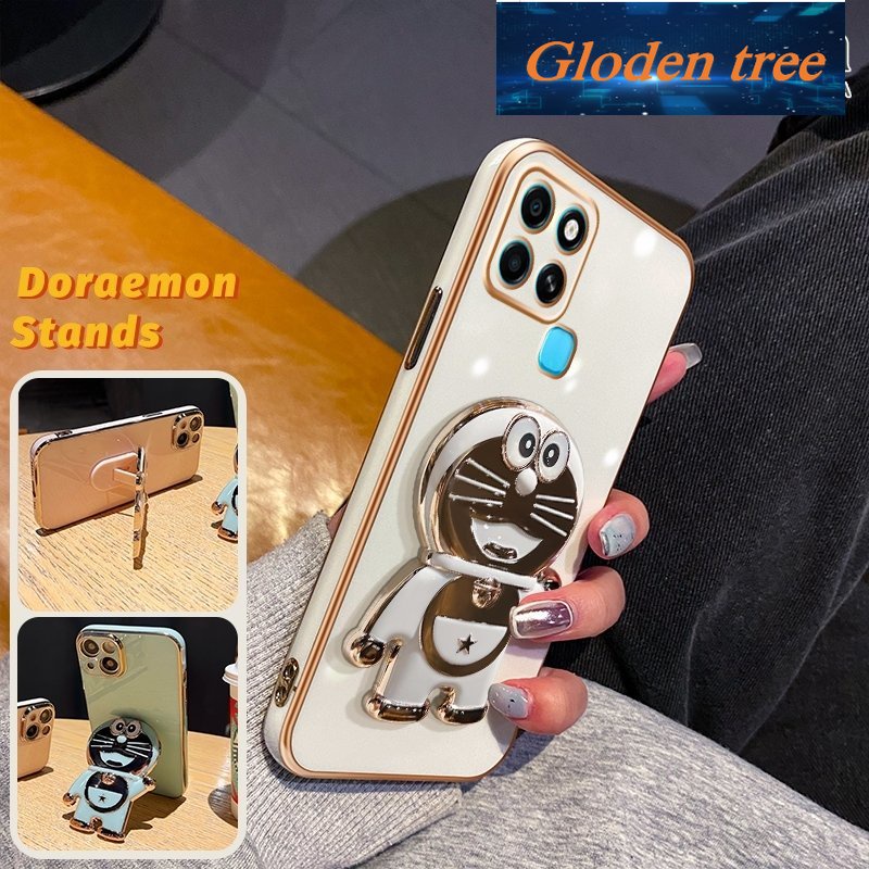 Gloden tree Casing Untuk Infinix Smart6 HD Smart6 Plus Case Fashion Kartun Doraemon Lipat Stand Phone Case Electroplating Shockproof Phone Holder Case