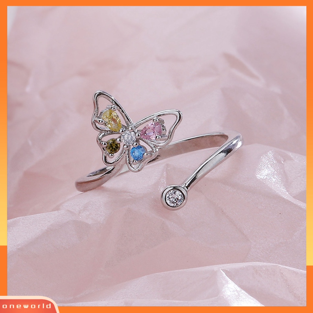 [EONE] Wanita Cincin Manis Warna-Warni Cubic Zirconia Open End Temperamen Bentuk Kupu-Kupu Hias Berlian Imitasi Jari Telunjuk Cincin Aksesoris Fashion