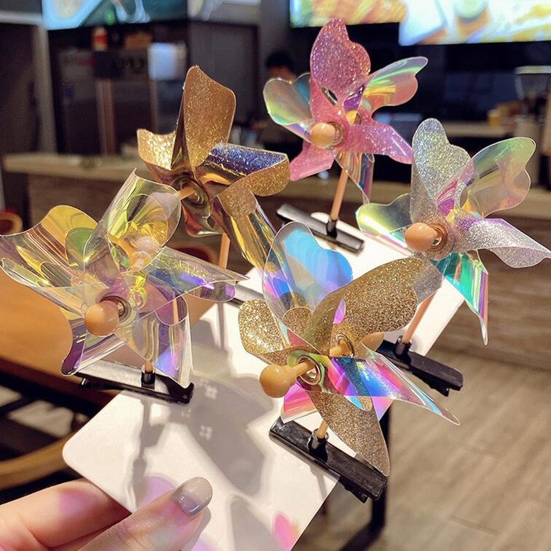 Random 1Pc Anak Laser Sequin Rotary Windmill Hairpin Wind-Mill Mainan Outdoor Windmill Hair Clip Gadis Lucu Kreatif Mini Kecil Kincir Angin Aksesoris Rambut Anak Warna-Warni