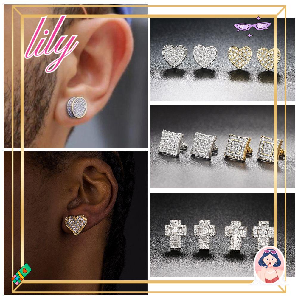 Lily Zirkon Anting Pria Tren Tindik Telinga Aksesoris Hadiah Emas Perak Hip Hop Studs Earrings