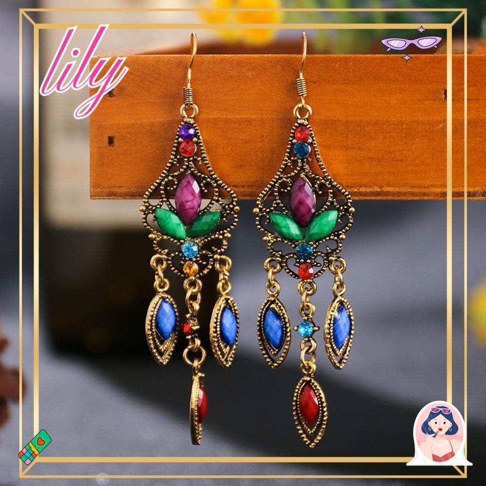 Lily Earrings Perhiasan India Etnik Berlian Imitasi Anting Menjuntai Panjang Vintage Alloy