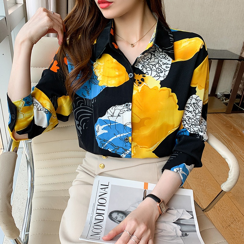 2023 COD New Fashion Korean Black Yellow Print Casual Work Long Sleeve Women Shirt Kemeja Wanita Lengan Panjang