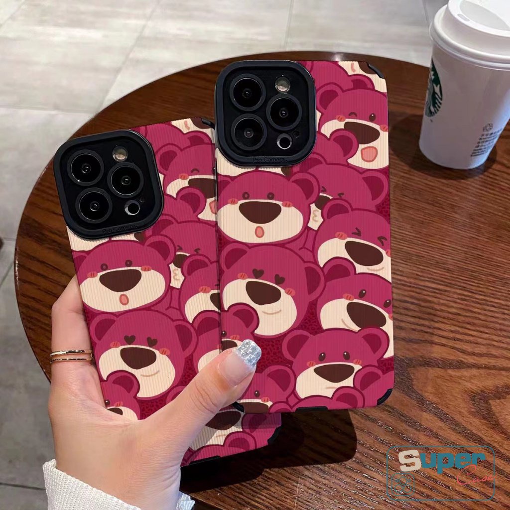 Luxury Leather Texture Lovely Phone Case Kompatibel Untuk iPhone 7Plus 8Plus XR X11 14 13 12 Pro MAX XS MAX Kartun Strawberry Bear Manyo Shockproof Soft Silicon Cover