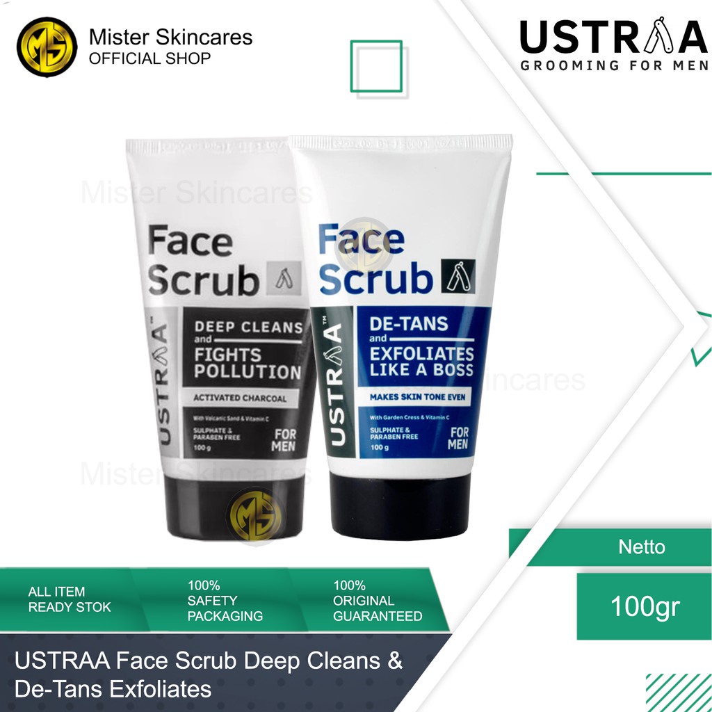 Scrub Wajah Pria Pembersih Sel Kulit Mati &amp; Komedo Ustraa Face Scrub De-Tans Deep Cleans &amp; Fight Pollution 100gr