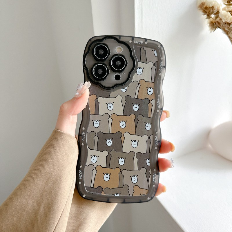 【Flower Camera】Lucky Day Full Bear Soft TPU Case HP iP iPhone 11 12 13 14 Pro Max 7 8 + Plus SE 2020 X XS XR Max Black Clear FTD Casing Apple