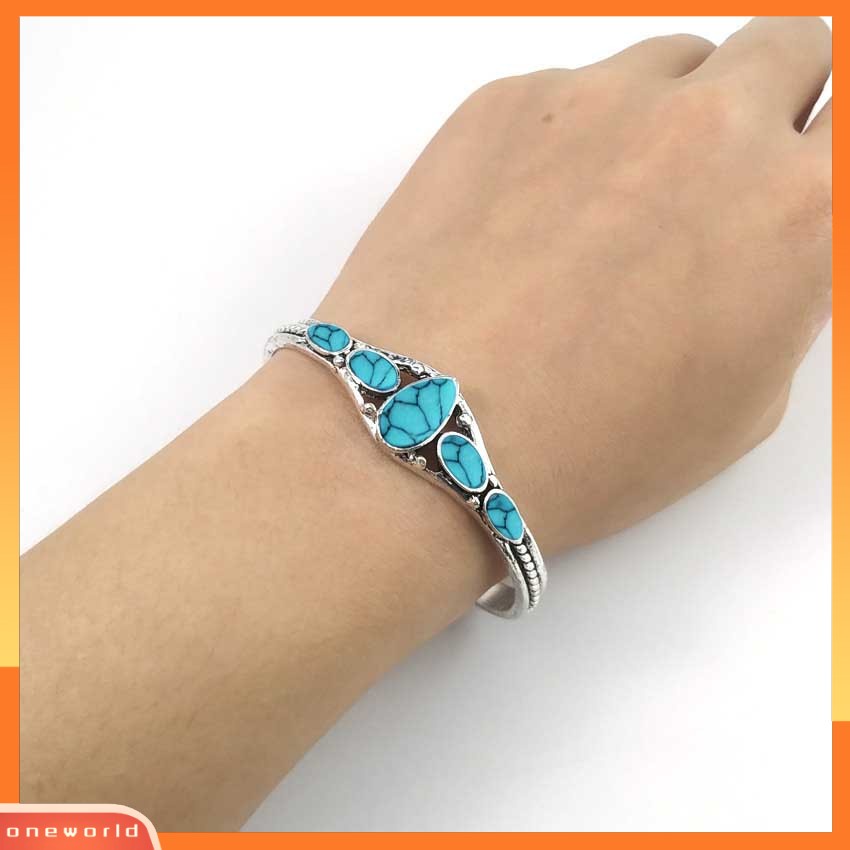 [EONE] Pembukaan Ukir Berongga Keluar Manset Gelang Vintage Turquoises Wanita Bangle Aksesoris Fashion