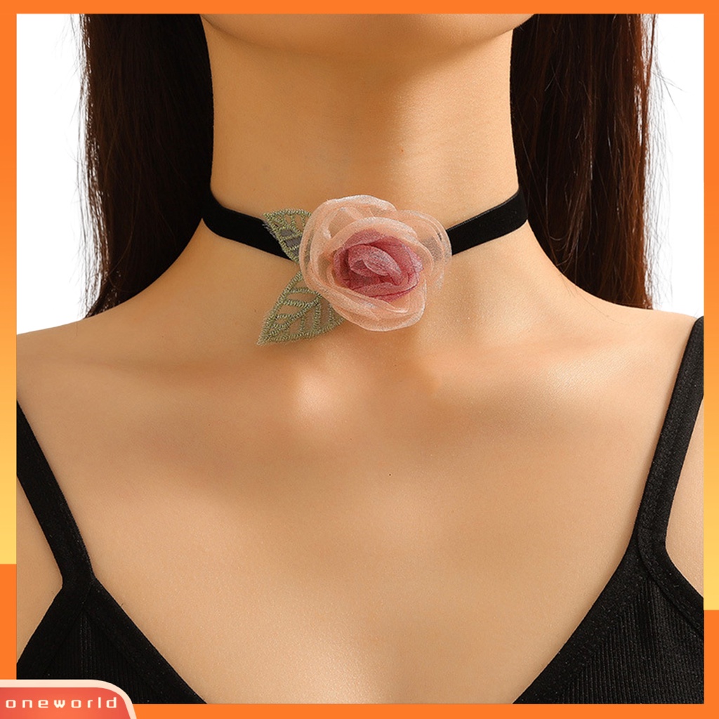 [EONE] Bunga Tipis Wanita Choker Retro Elegan Tali Hitam Daun Hijau Adjustable Wanita Kerah Kalung Perlengkapan Pesta