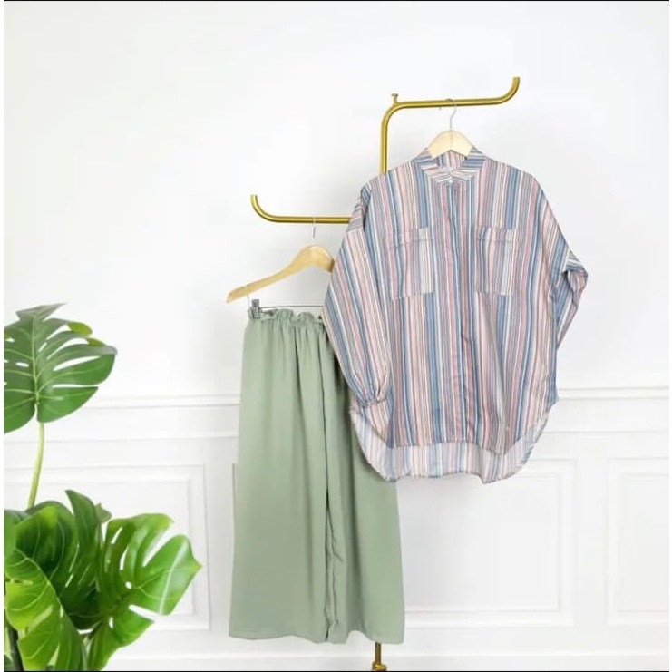 CASHA - ZFS OOTD WANITA SETELAN CIKA / ONE SET CORLA / Satu Set Kasual Atasan Garis Garis Celana Kul
