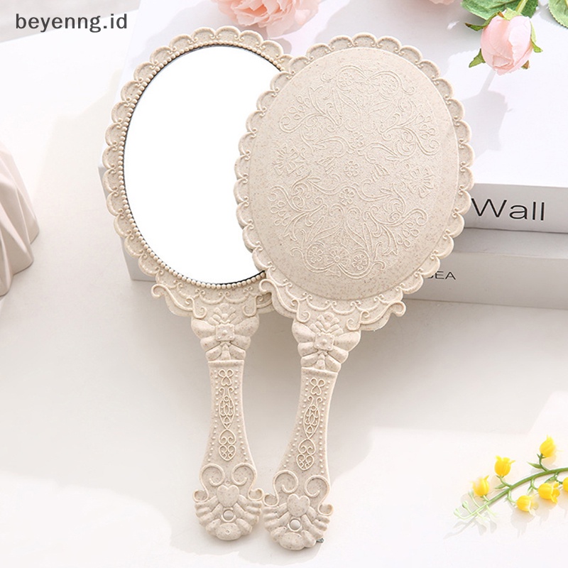 Beyen Vintage Ukir Handheld Vanity Mirror Cermin Rias Tangan Gagang Cermin Kosmetik ID