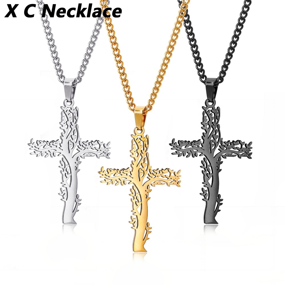 [X C Kalung] Emas &amp; Perak Baru Hip-hop Punk Retro Life Tree Cross ​Kalung titanium Steel Liontin Anti Karat Untuk Perhiasan Hadiah Liburan Pria Dan Wanita