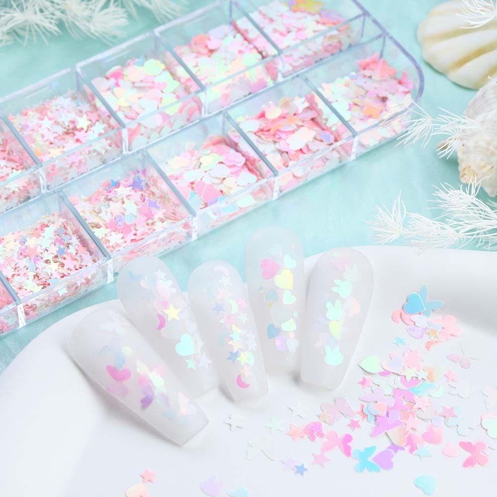 Mxbeauty Kuku Payet Mermaid Jepang Nail Art Ukuran Campur Cinta Hati Kupu Bulan Hiasan Bulu Mata Palsu Manicure Aksesoris Hiasan Kuku