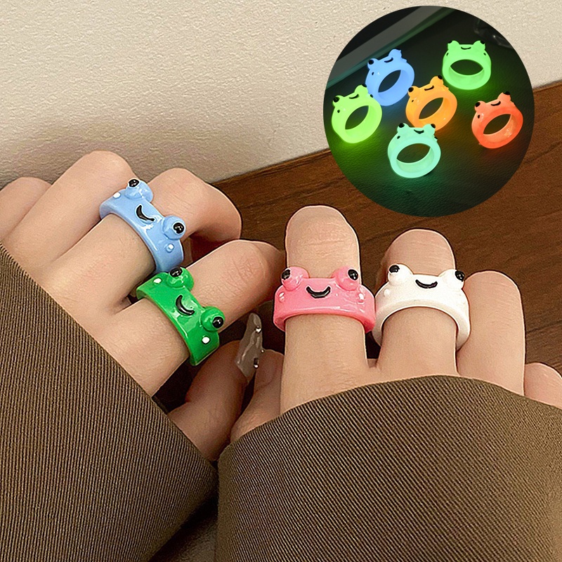 Cincin Resin Kodok Glow-in-the-dark/Fashion Trendi Baru Berwarna Cincin Hewan Bercahaya/Mini Kreatif Wanita Pria Rings/Perhiasan Lucu Sederhana