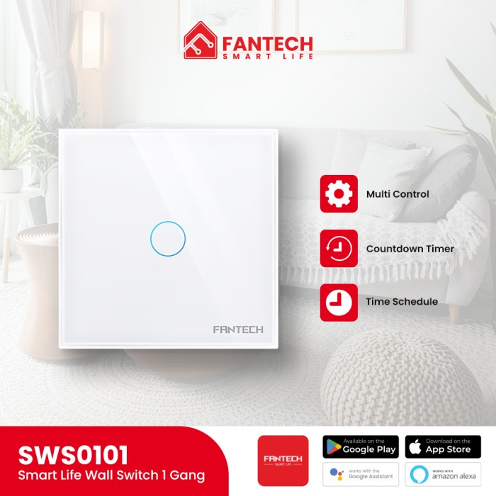 FANTECH Saklar Smart Life Wall Switch 1 Tombol Touch Wi-Fi - SWS0101 1 Gang EU Tombol Lampu