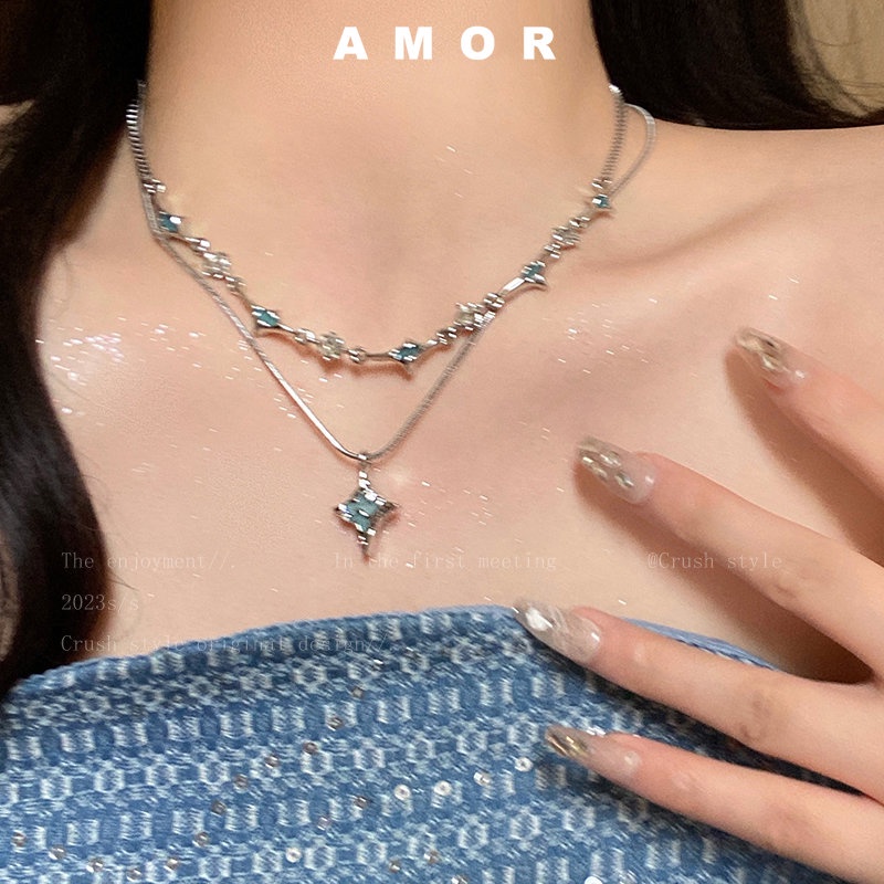 Kalung choker zircon Bintang Biru Berlapis Ganda Perempuan Musim Panas