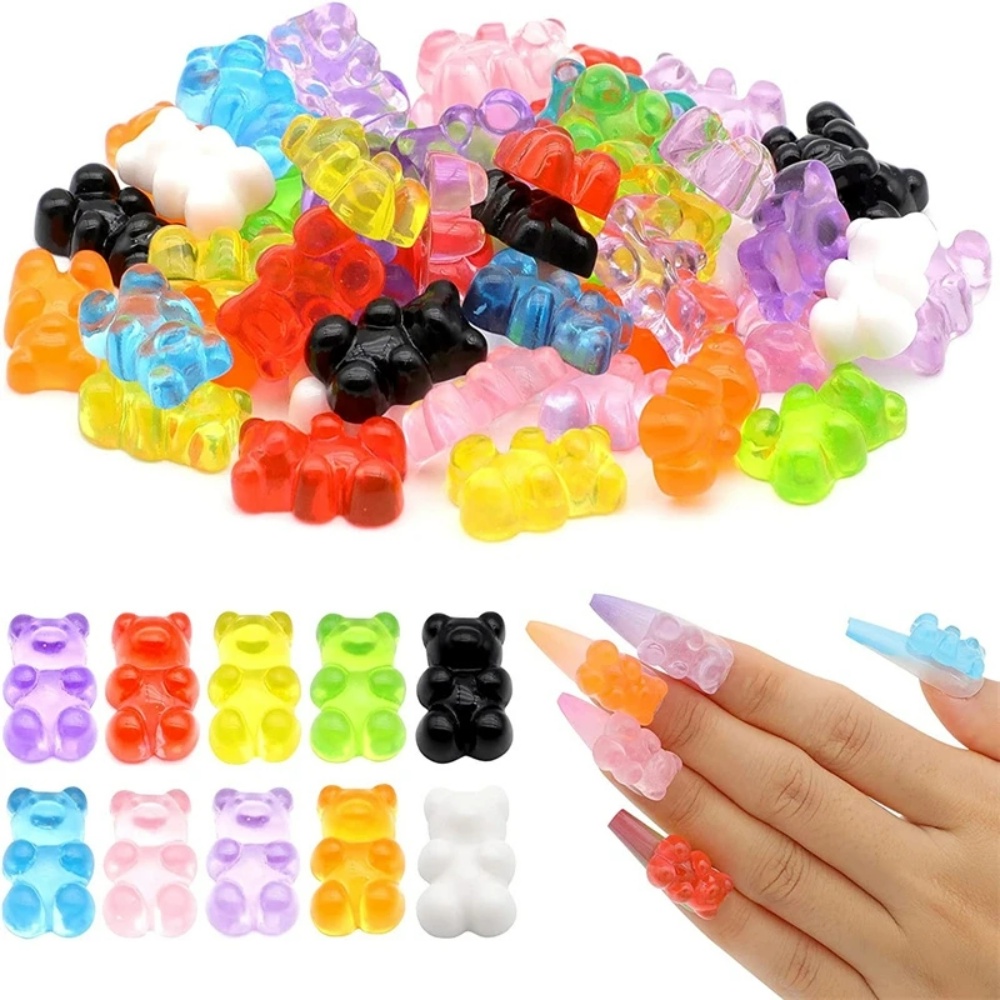 [Unggulan] 50pcs/bag Mix Warna Kuku Beruang Lucu Art Dekorasi Aurora Resin 3D Nail Art Ornamen Untuk Ujung Kuku Manicure UV Gel Polish Decor DIY Aksesoris Manicure Glitter Stone