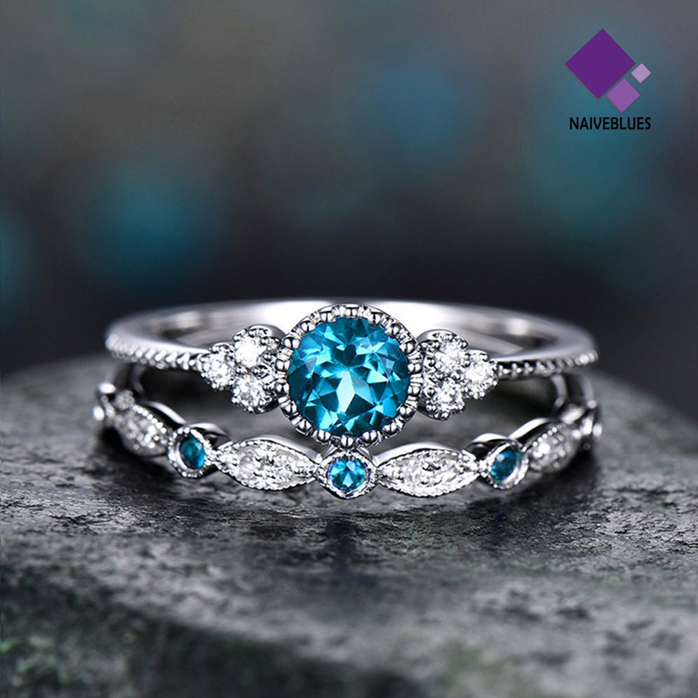 &lt; Naiveblues &gt; 2Pcs/Set Wanita Potongan Bulat Cubic Zirconia Hias Jari Pernikahan Perhiasan Hadiah