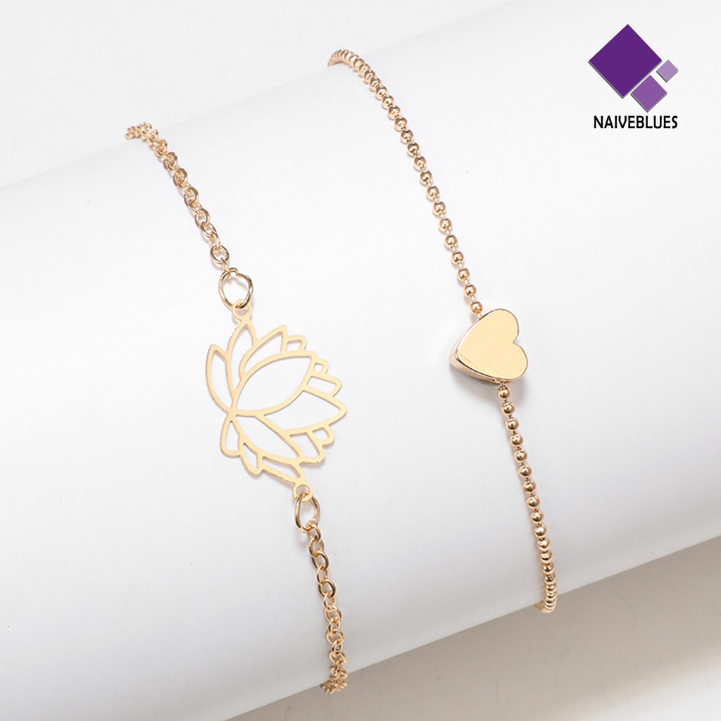 &lt; Naiveblues &gt; 2Pcs/Set Lotus Pendent Hollow Out Women Anklets Double Layered Pendent Adjustable Anklets